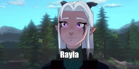 Rayla's outfit features a teal outfit consisting of a shirt and pair of leggings. She also has a harness, a pair of gloves, boots, and a brown belt. Her hair is platinum blonde and has little horns sticking out her head.