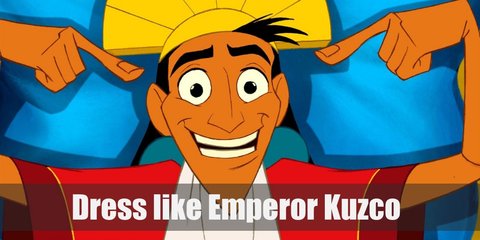  Emperor Kuzco costume is a red tunic with a red sash, a gold semi-circular crown, a gold necklace, and huge, round, teal earrings. 