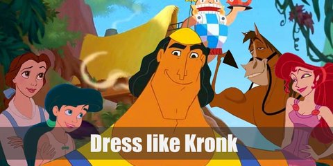  Kronk costume is a light blue sleeveless top with yellow details, a dark purple skirt, and a light purple sash around his waist. He also has yellow arm and leg bands as well as a distinct yellow cap. 