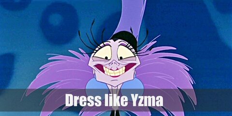  Yzma loves the color purple. In fact, she has light purple as her skin color. She also wears purple feathers around her neck and at the top of her head. For her actual clothes, Yzma prefers a sleeveless long black dress.  