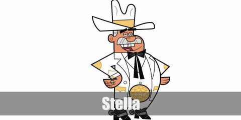 Doug Dimmadome costume is a white suit with gold trimmings. He pairs it with cowboy boots, a gold buckle belt, as well a white cowboy hat.
