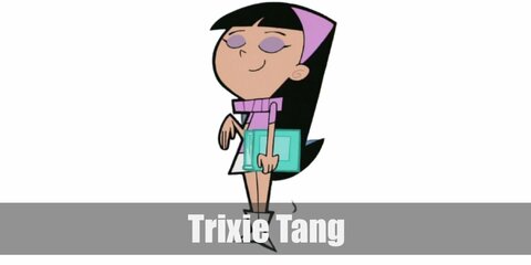  Trixie Tang’s costume is a lavender turtleneck top, a white skirt, white knee-high boots, a lavender headband atop her long black hair, and lavender eyeshadow on her lids.
