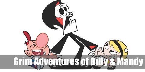 Billy and Mandy’s costumes are  a short-sleeved white T-shirt with a wide blue horizontal stripe in the middle, royal blue pants, red and white sneakers, and a red baseball cap for Billy; and a sleeveless pink line dress with a large Daisy flower in front, white crew socks, black Mary Jane shoes, and a black hairband for Mandy.