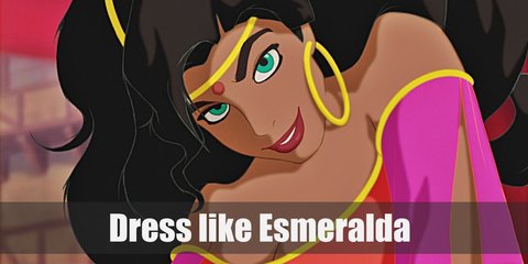 Esmeralda wears a white medieval shirt with green corset belt, a long purple skirt with a purple belly dancing belt over it, a magenta headband, golden bracelets, golden ear hoops, a golden ankle chain, and black sandals.