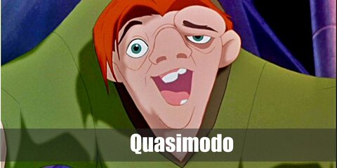  Quasimodo’s costume is an oversized half-sleeve green hippie shirt over his hunched back, stretch brown pants, medieval boots, and short red hair above his ugly face.