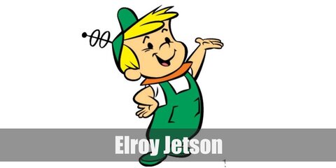 Elroy Jetson’s costume is green overalls with a white undershirt, a red round baby collar, green shoes, and a green baseball cap with an antenna.