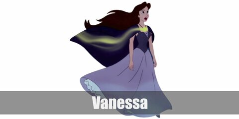  Vanessa’s costume is a purple dress with a dark purple corset, dark blue shoes, a dark blue cape, and a gold shell necklace.
