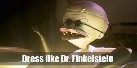 Dr. Finkelstein costume is like a frail and pale but typical mad scientist. He wears a white lab coat, white pants, black shoes, black gloves, and black goggles.