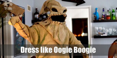 The Oogie Boogie costume itself is just a few burlap bags sewn together, and with the addition of a mask, it is easy to make on your own.