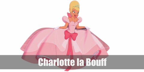  Charlotte La Bouff’s costume is a pink princess gown featuring puffed sleeves, a balloon skirt, a hot pink ribbon belt, and a tiara atop her blonde hair.