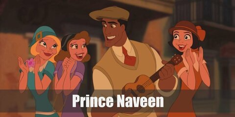  Prince Naveen’s costume is a white dress shirt, camel sweater vest, orange neck tie, khaki pants, brown loafers, and brown beret.