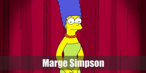  Marge Simpson’s costume is a long pale olive green strapless dress, red shoes, and a red pearl necklace. She is also known for her blue tall curly beehive hairstyle.