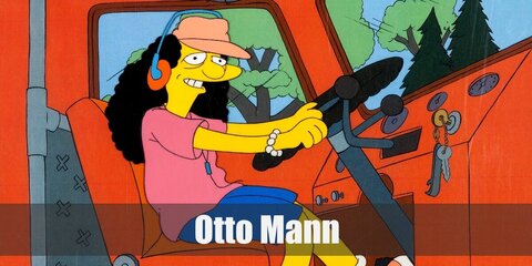 The Otto Man's costume is made of a pink shirt, blue shorts, sneakers and matching cap. He has curly hair and carrys a walkman with headphones.