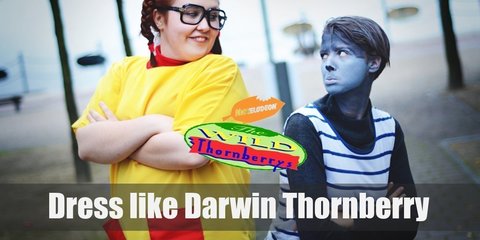 For Darwin Thornberry costume you will need Chimpanzee mask, white and blue striped tank top, blue shorts, gray spandex t-shirt and leggins.
