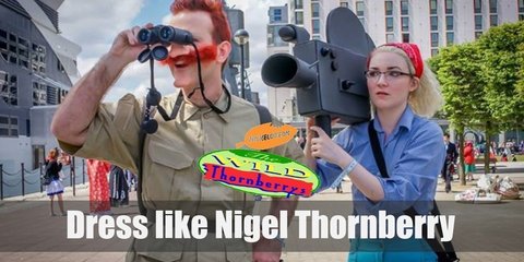 For Nigel Thornberry costume you'll need Beige safari shirt, military green shorts and a nylon webbing belt of the same color. Beige, knee-high socks and brown, lace-up, leather chukka boots.