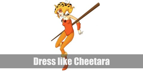  Cheetara costume is a bright orange leotard with a single, long sleeve and light orange tights. She also has on an orange arm guard and orange boots. Her hair is a bright blonde, and her face is adorned with orange makeup. 
