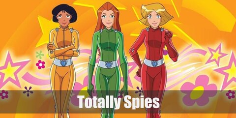 Totally Spies' costume features a red, green, and yellow bodysuit, boots, and wigs of varying color.