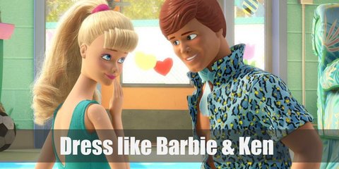 Barbie costume is wearing a turquoise unitard with a thick, hot pink belt, rainbow leg warmers, and a hot pink pair of heels. Ken costume is light blue shirt, ascot & shorts.