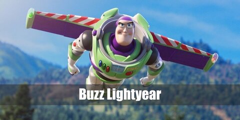  Buzz Lightyear’s costume is a Buzz Lightyear jumpsuit with foam sleeve cuffs and a chest piece, white sneakers, white gloves, a Buzz Lightyear light-up helmet, and a Buzz Lightyear jet pack.