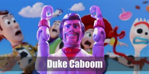Duke Caboom's white and red costume consists of a white coverall with red line accents and a red crewneck shirt. He also wears a Canada-flag cape and helmet. Complete his outfit with a pair of white shoes.