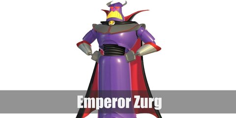  Emperor Zurg’s costume is  a special Emperor Zurg shirt, a purple long maxi skirt, long metallic gloves, and a vampire cloak with collar.