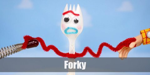 Forky is a white plastic fork, originally. Bonnie made him as a toy when she gave him red felt, beige popsicle feet, and squiggly eyes.
