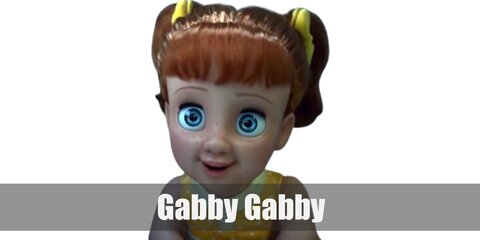 Gabby Gabby's outfit features a yellow polka-dot dress, pigtails, a white sock, and yellow shoes.