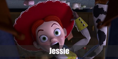 Jessie costume is a white top with yellow cuffs and accents paired with denim shorts layered over cow-printed tights. She wears cowgirl boots and a red hat.