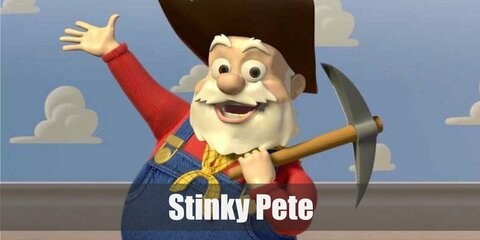 Stinky Pete’s costume is a long-sleeved red shirt, blue denim overalls, a yellow bandana, and a towering cowboy hat.