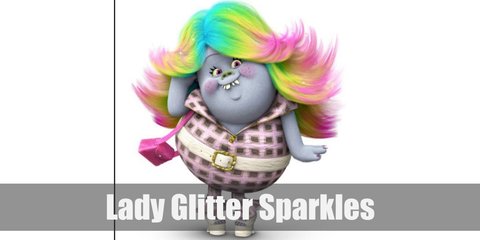 Lady Glittersparkles' costume is black and pink plaid oversized shirt and matching bottoms. Wear an inflatable stomach costume to recreate her rounded belly. Then wear a white belt on top. Complete the look with white platform sandals and technicolor wig. 