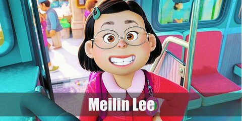 Meilin Lee's costume features a pink cardigan, tights, and skater skirt. She styles her look with pink socks and sneakers, too. Complete her costume by wearing a red wig and a backpack. Then carry a Tamagotchi! 