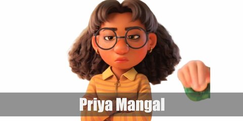 Priya wears a stripes shirt with collar and khaki pants with sneakers. Complete her costume with a brown curly wig and a pair o rounded glasses.