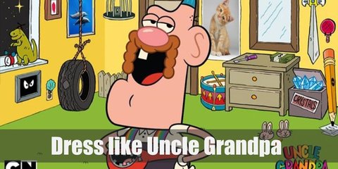  Uncle Grandpa’s costume is a cream button-down polo, grey shorts, white crew socks, brown shoes, rainbow suspenders, and a blue propeller hat. Also, he brings around a red fanny pack.