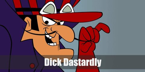  Dick Dastardly will do anything to win the Wacky Races. Dick Dastardly’s costume is a purple trench coat, a red pilot’s hat, white goggles, purple pants, red gloves, and black knee-high boots.