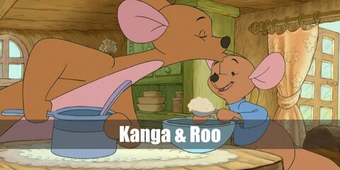  Kanga and Roo’s costume is a brown long-sleeved shirt, brown leggings, brown kangaroo ears, and a brown baby sling for Kanga, and a brown onesie and a blue shirt for Roo.