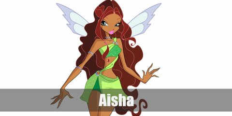 Aisha's costume is green cropped top and mini skirt paired with a set of nice boots. Complet the outfit with a brown wig and fairy wings.