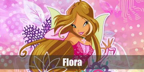 Flora's costume features a pink top and skirt paired with green wings. She also has pink ankle boots. Complete the costume with a set of brown wig, too!