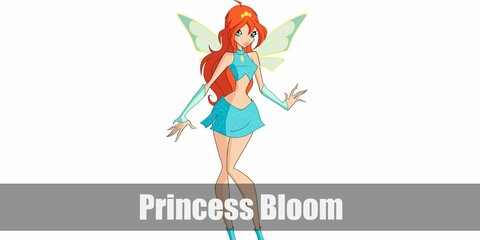  Princess Bloom’s costume is a light blue, sleeveless crop top, a light blue mini skirt, blue gogo boots, long light blue fingerless gloves, a tiny gold tiara, and mint fairy wings.