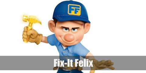 Fix It Felix’s costume is a white undershirt, a blue button down, denim jeans, work boots work gloves, a work belt, and a blue cap. Fix It Felix is the quintessential hero in the arcade world.