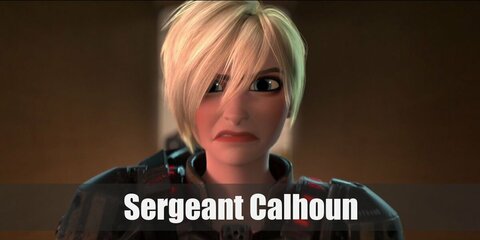 Sergeant Calhoun’s costume is a black long-sleeved shirt, black leggings, a chest plate, shoulder pads, arm bands, leg armor, black gloves, and black boots. 