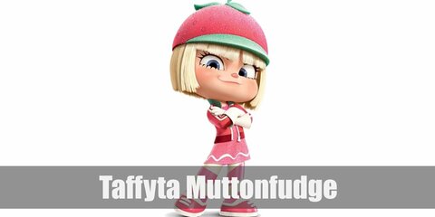  Taffyta Muttonfudge’s costume is a pink sequined tank topped with a pink zip-up jacket, pink-striped pants, pink shoes, white gloves, and a strawberry beret. She is also known for her pale blonde hair.