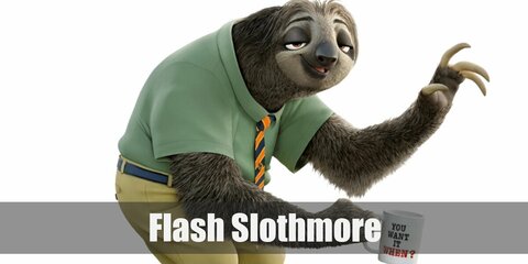 Flash Slothmore’s costume is a green collared shirt, a blue and orange tie, khaki pants, and a blue belt. Flash Slothmore is a hardworking and easygoing officer worker.