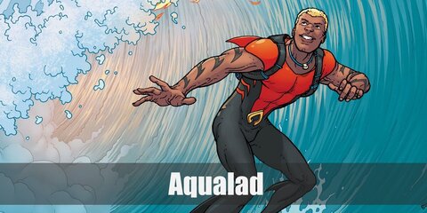  Aqualad’s costume is a red sleeveless compression swim top, blue compression pants, and a wide black waist belt with a stylized golden “A” belt buckle.