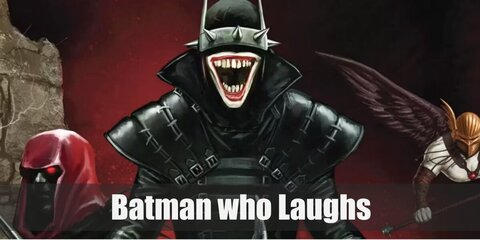  Batman Who Laughs’s costume is a long-sleeved black shirt, black leather pants, long black boots with multiple buckled-belts, a black long trench coat with several buckled belts at the front, a Batman mask, and a spiked eye visor.