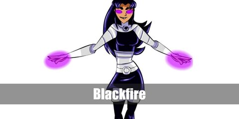  Blackfire’s costume is a purple crop top, a purple mini pencil skirt, a metallic silver leotard and leggings, and a long purple wig.