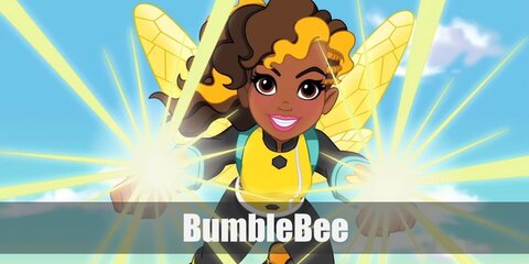 Bumblebee's costume can be recreated with a grey bodysuit, yellow tank top, boots, and a pair of wings. She also has a pair of blue arm guards.