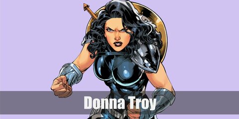 Donna Troy costume is an all-black outfit styled with a shoulder pad, belt, and boots. You can also add an arm guard to your Donna Troy costume to complete it.