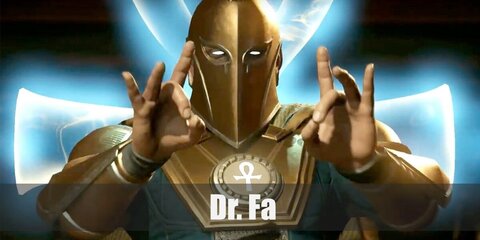 Dr. Fate’s costume is a blue full body suit with yellow briefs over it, a yellow belt, yellow gauntlets, yellow boots, a yellow superhero cape, and his Dr. Fate helmet.'
