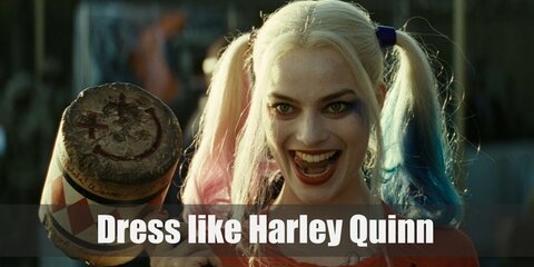 Harley Quinn costume is a captioned raglan shirt, pink and red super short shorts, an awesome bomber jacket, and black fishnets. Her Bird of Prey’s costume is a pink crop top, orange suspenders, a unique rainbow jacket, denim shorts, and white western boots. 