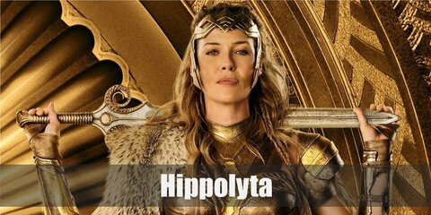  Hippolyta’s costume is a helmet-crown and metal armor underneath her fur coat.